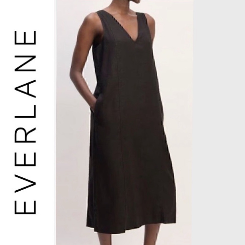 NWT EVERLANE  100% Linen V-Neck Midi Dress Pockets size 14